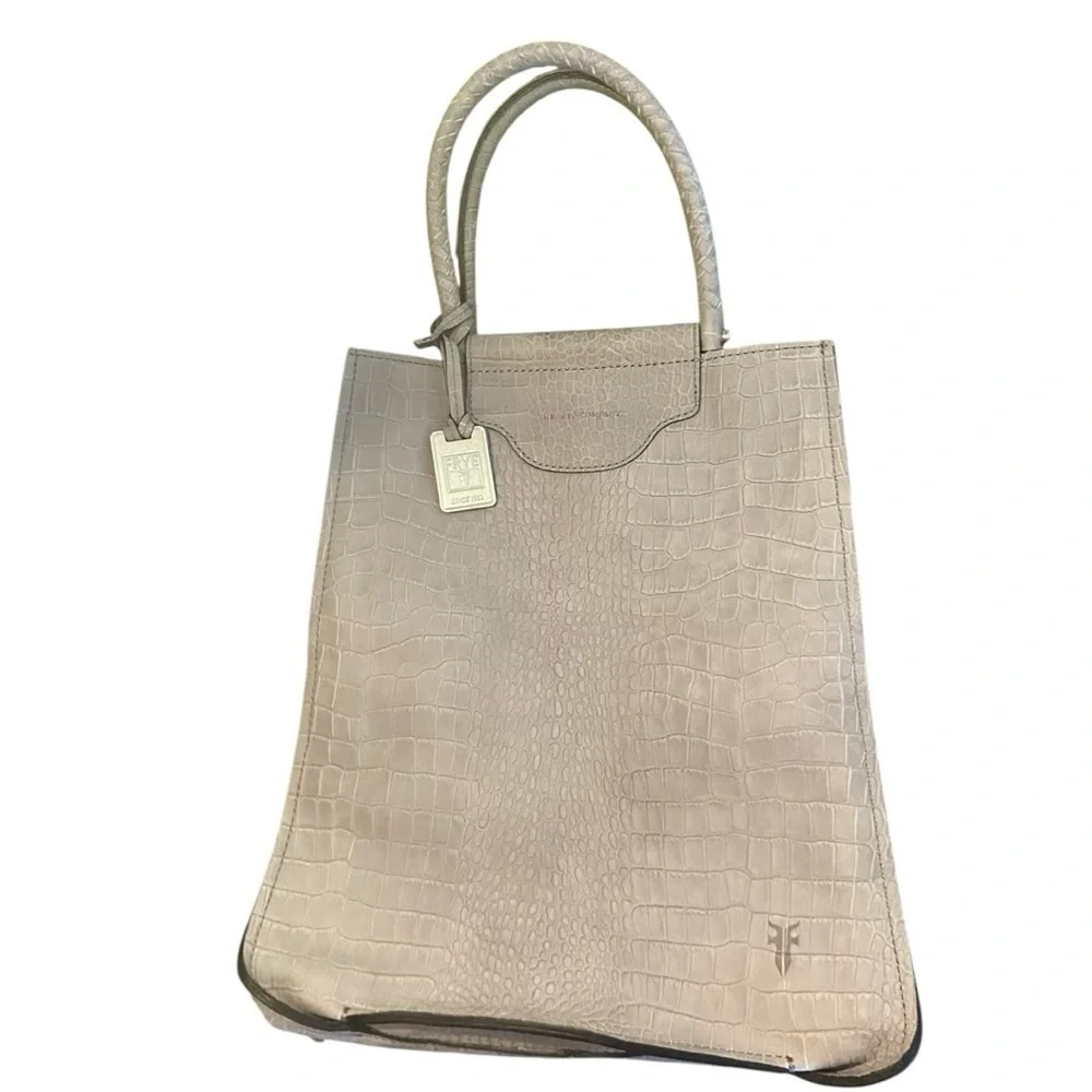 Frye Bianca Crocodile Embossed Grey Suede Large Tote Bag